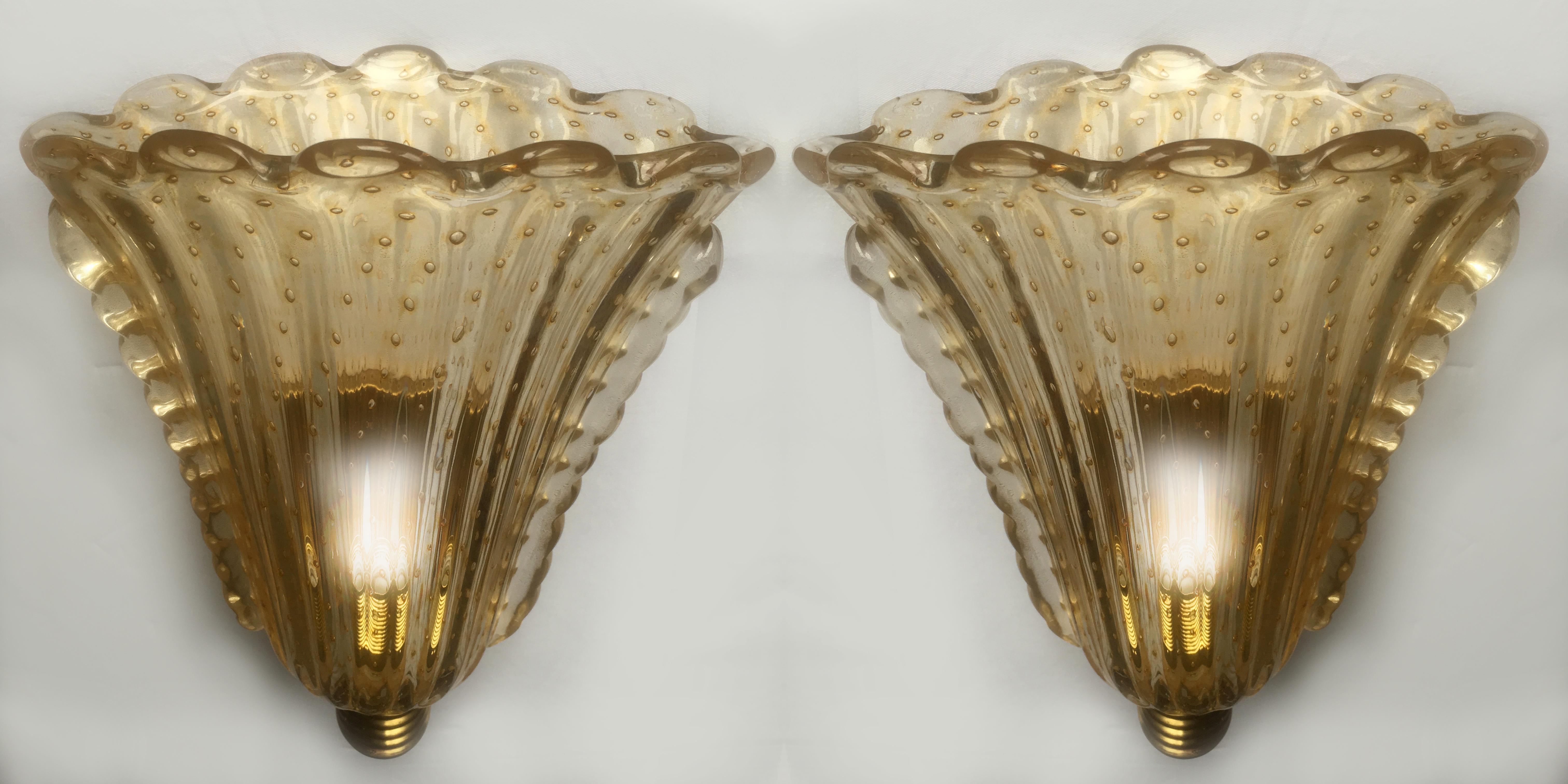 Italian Fabulous Pair of Sconces 24-Karat Gold by Barovier and Toso, Murano, 1950s