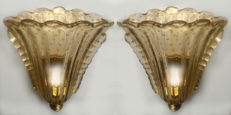 Fabulous Pair of Sconces 24-Karat Gold by Barovier and Toso, Murano, 1950s In Excellent Condition For Sale In Budapest, HU