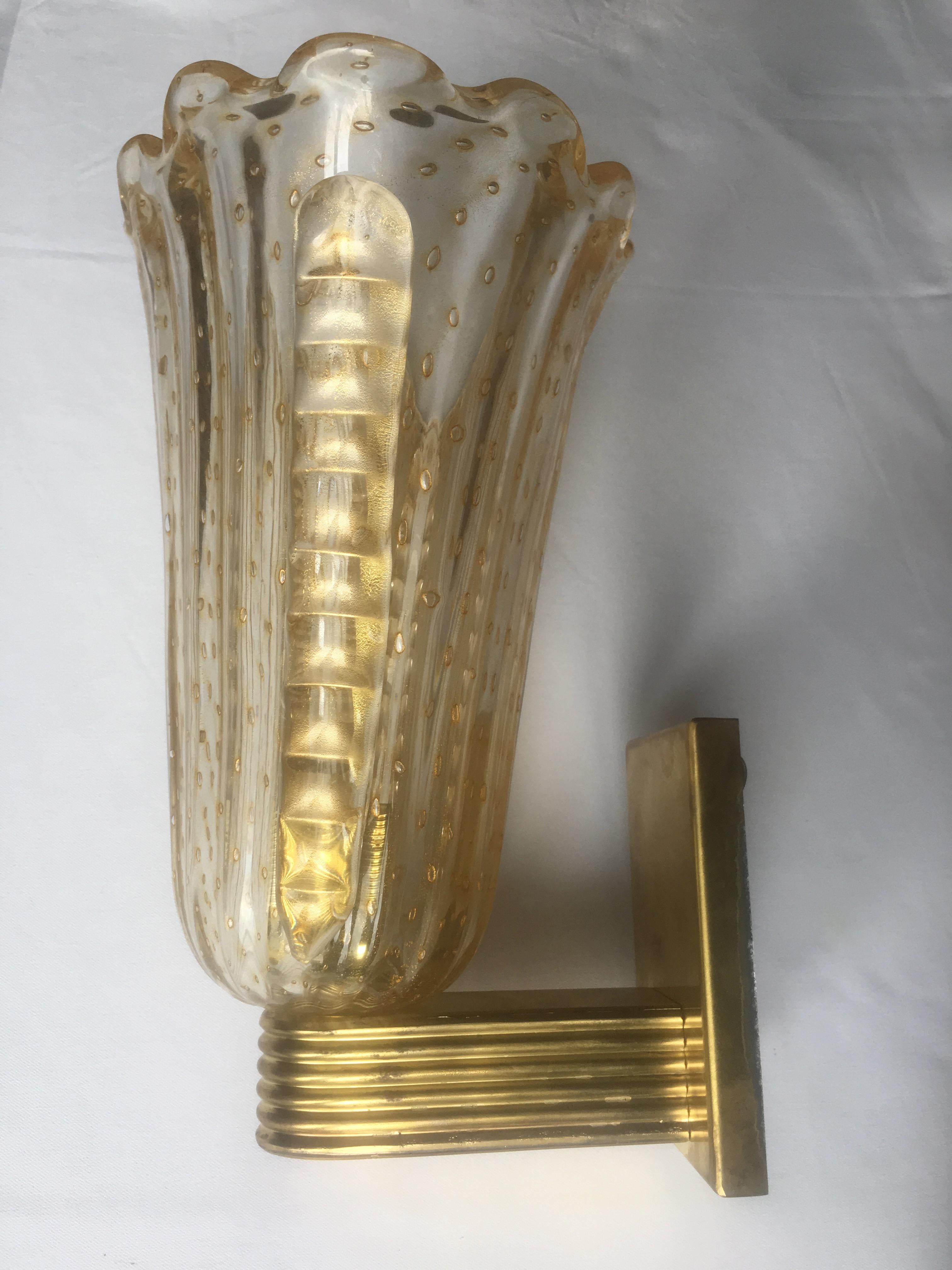 20th Century Fabulous Pair of Sconces 24-Karat Gold by Barovier and Toso, Murano, 1950s