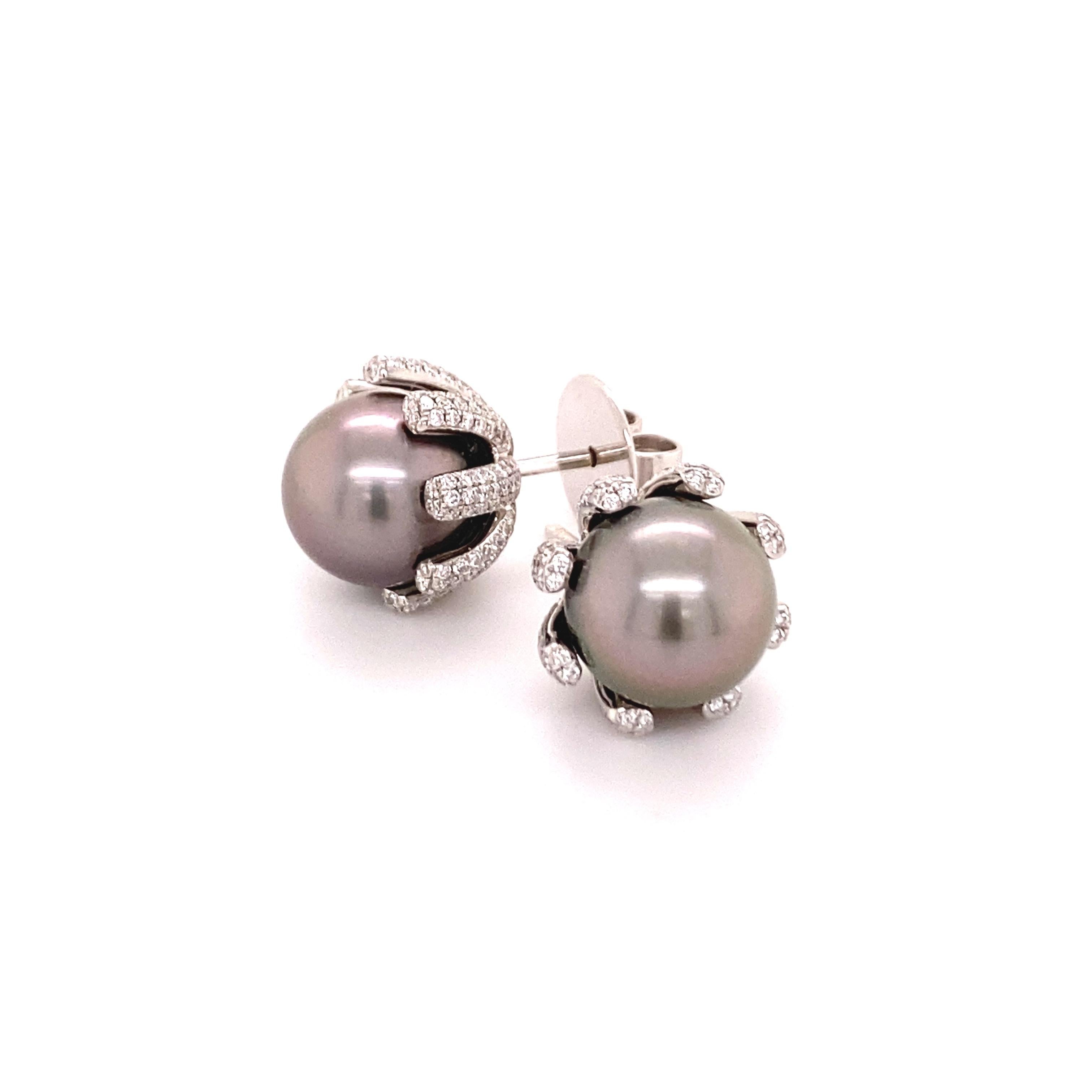 Modern Fabulous Pair of Tahitian Pearls and Diamonds Ear Studs For Sale