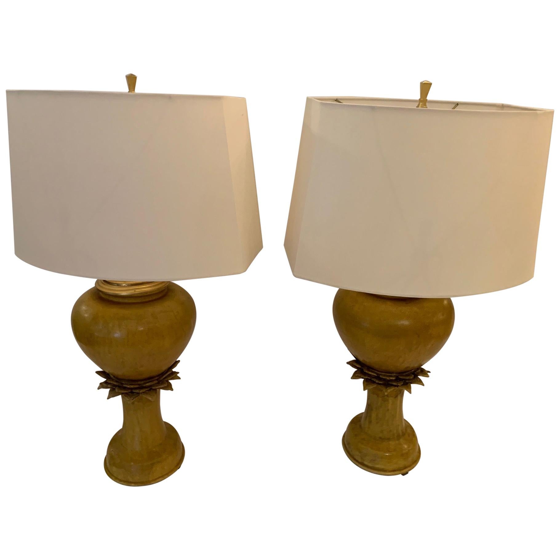 Fabulous Pair of Vintage Ochre Jar Shaped Ceramic Table Lamps For Sale