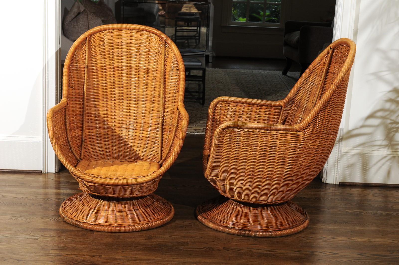 Fabulous Pair of Wicker Egg Swivel Club Chairs, circa 1975 5