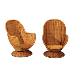 Vintage Fabulous Pair of Wicker Egg Swivel Club Chairs, circa 1975