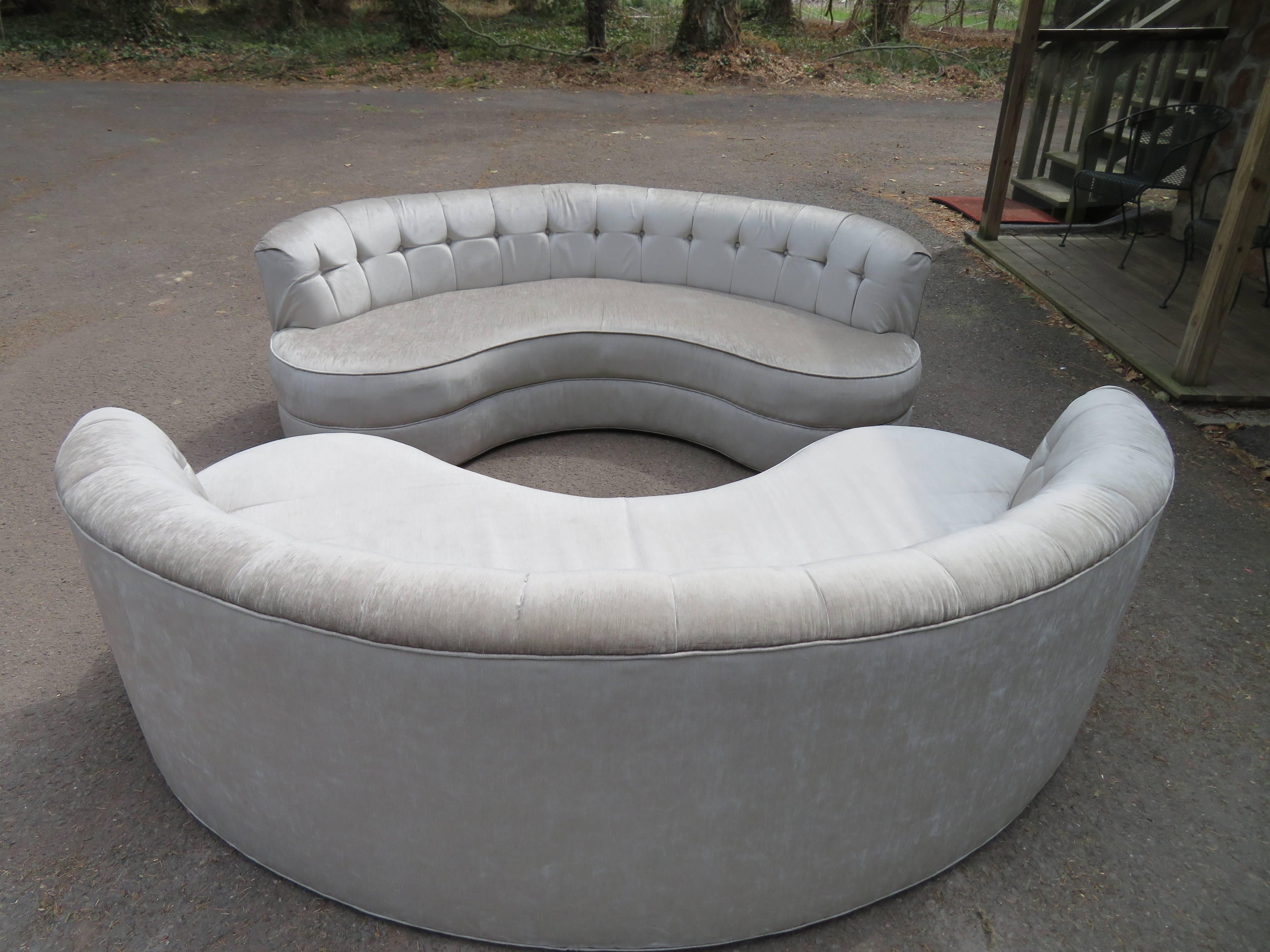 Fabulous Pair Tufted Curved Kidney Sofas Mid-Century Modern 4