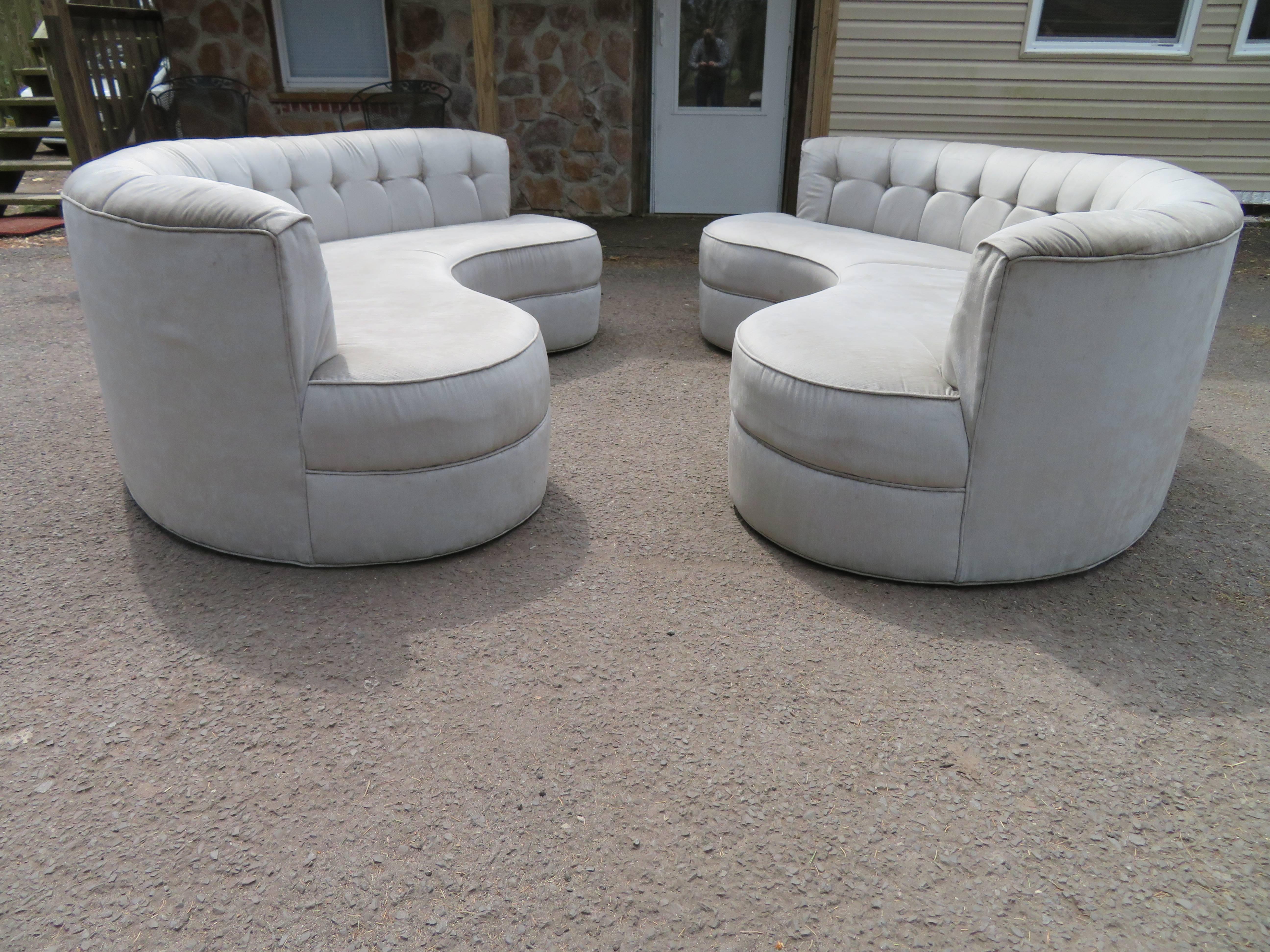 Fabulous Pair Tufted Curved Kidney Sofas Mid-Century Modern 5