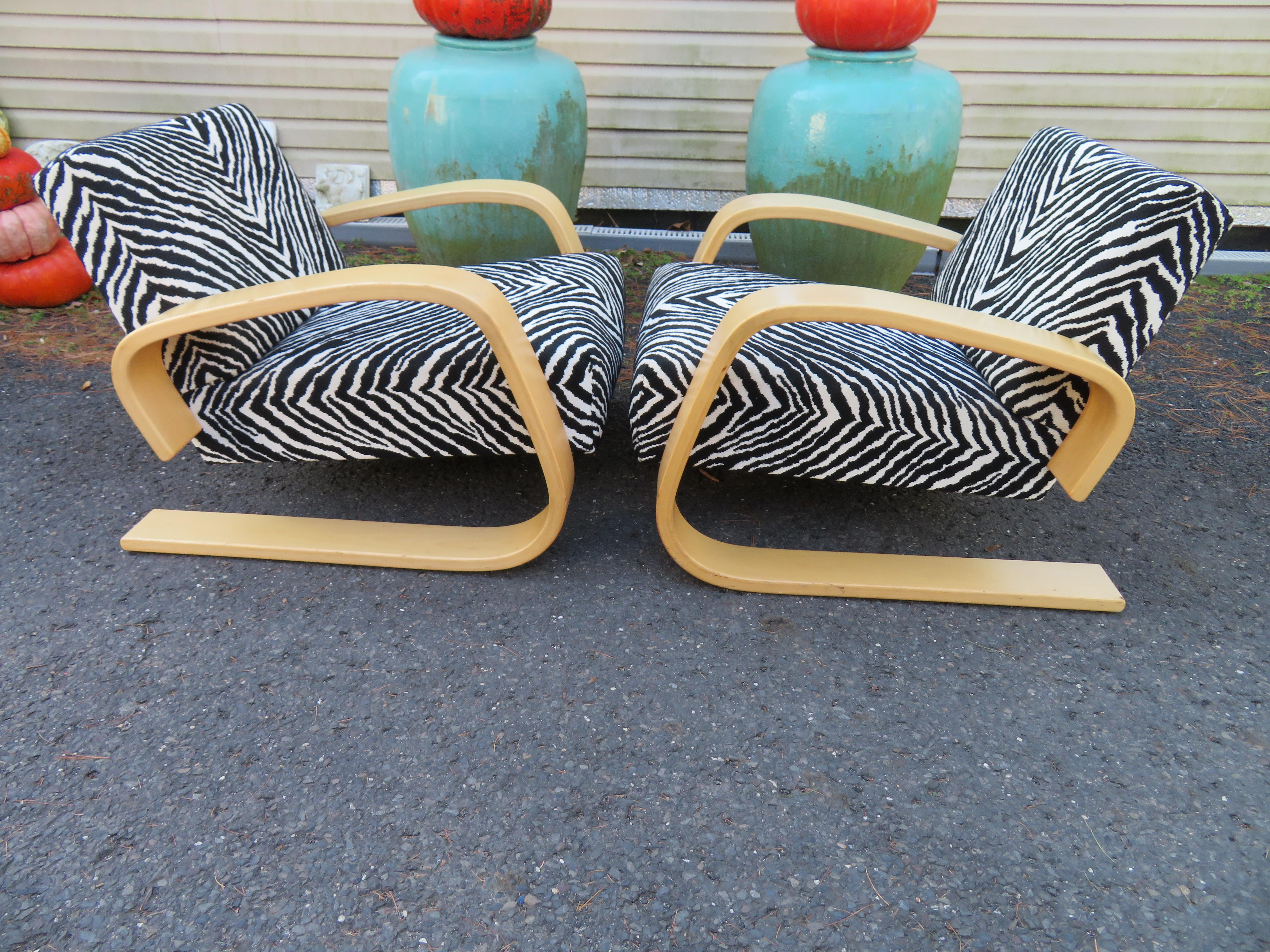 Fabulous Pair Zebra Print Alvar Aalto 400 Tank Chair by Artek Mid-Century 6