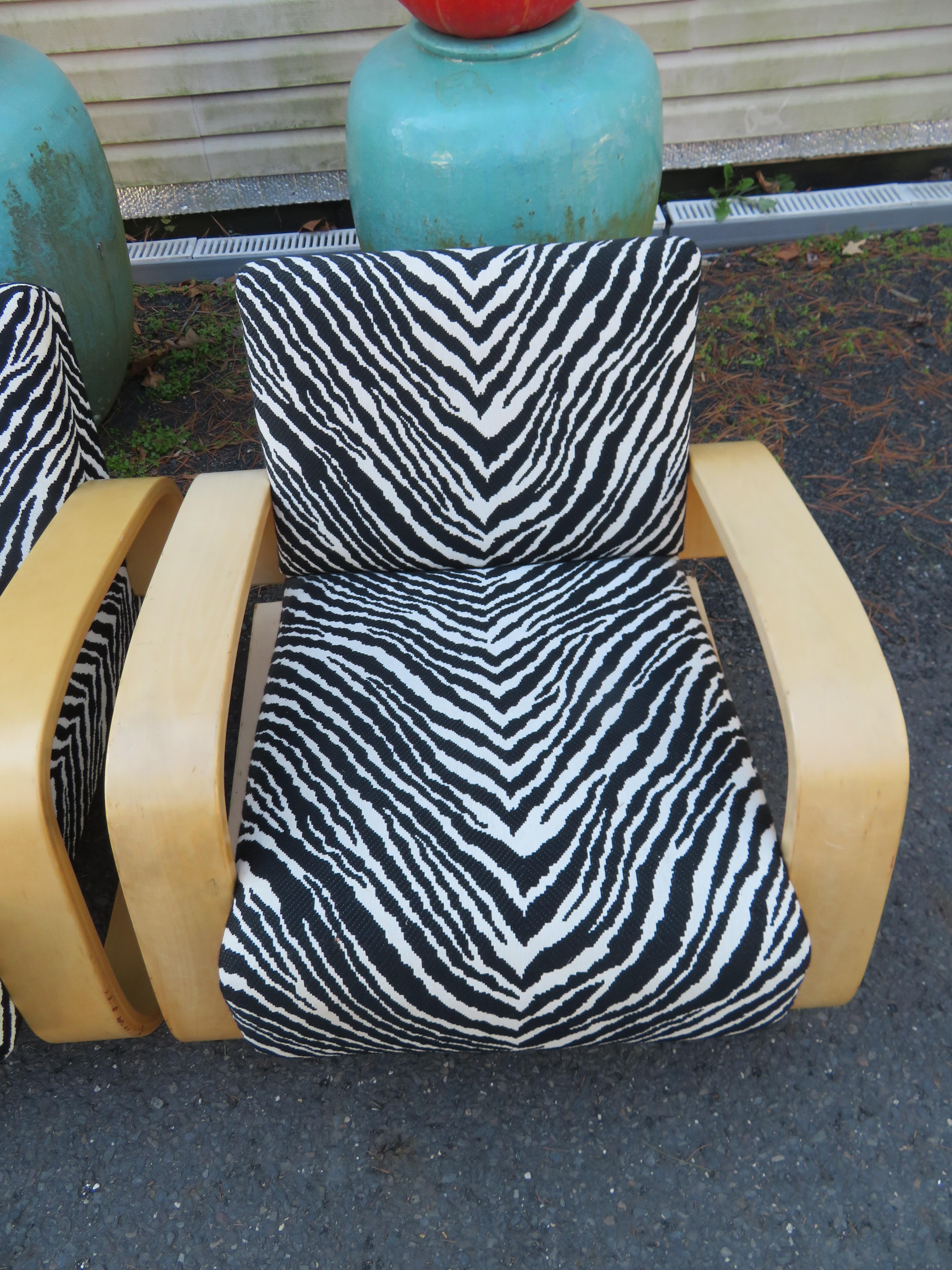 Mid-Century Modern Fabulous Pair Zebra Print Alvar Aalto 400 Tank Chair by Artek Mid-Century