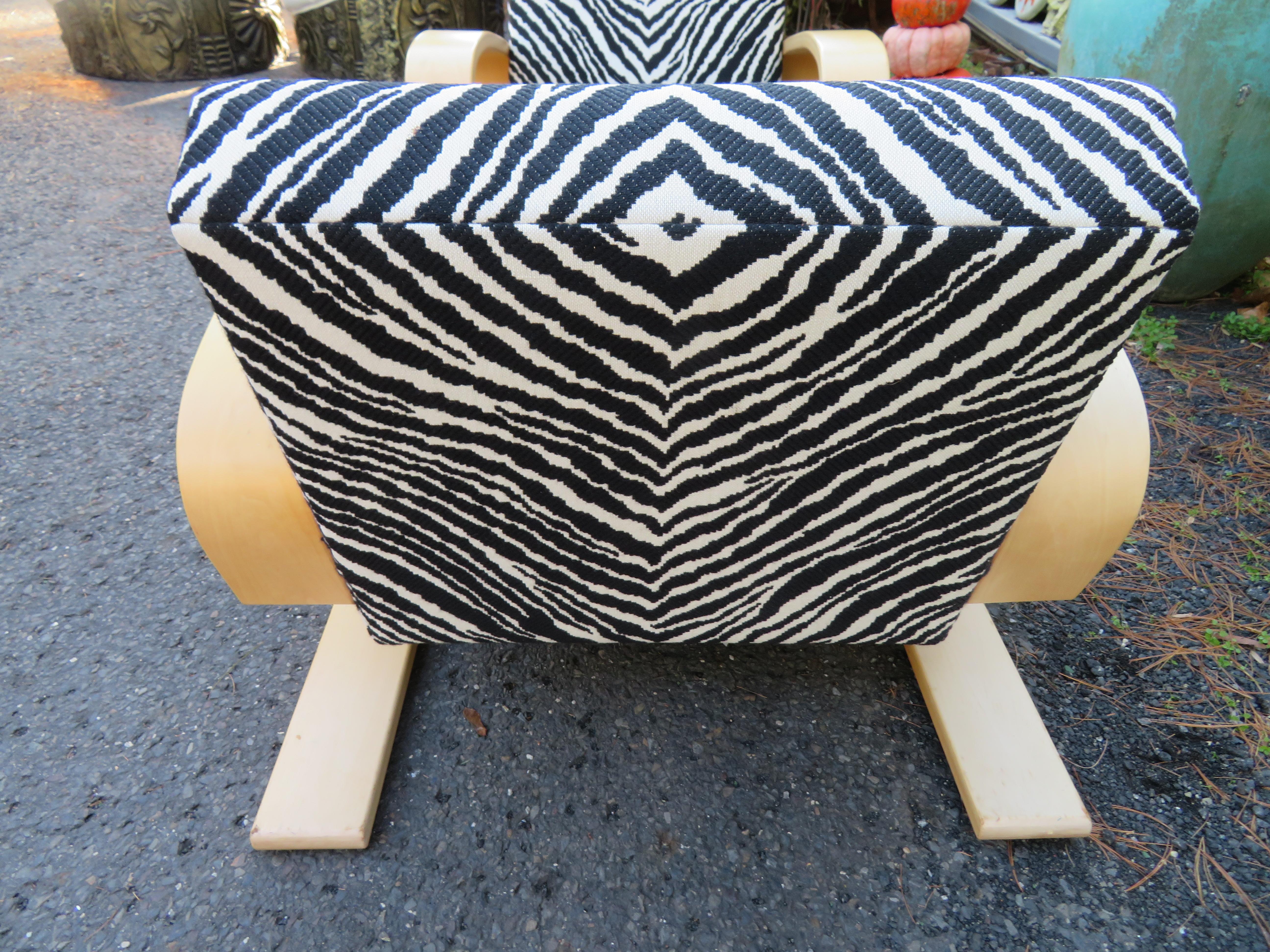 Finnish Fabulous Pair Zebra Print Alvar Aalto 400 Tank Chair by Artek Mid-Century