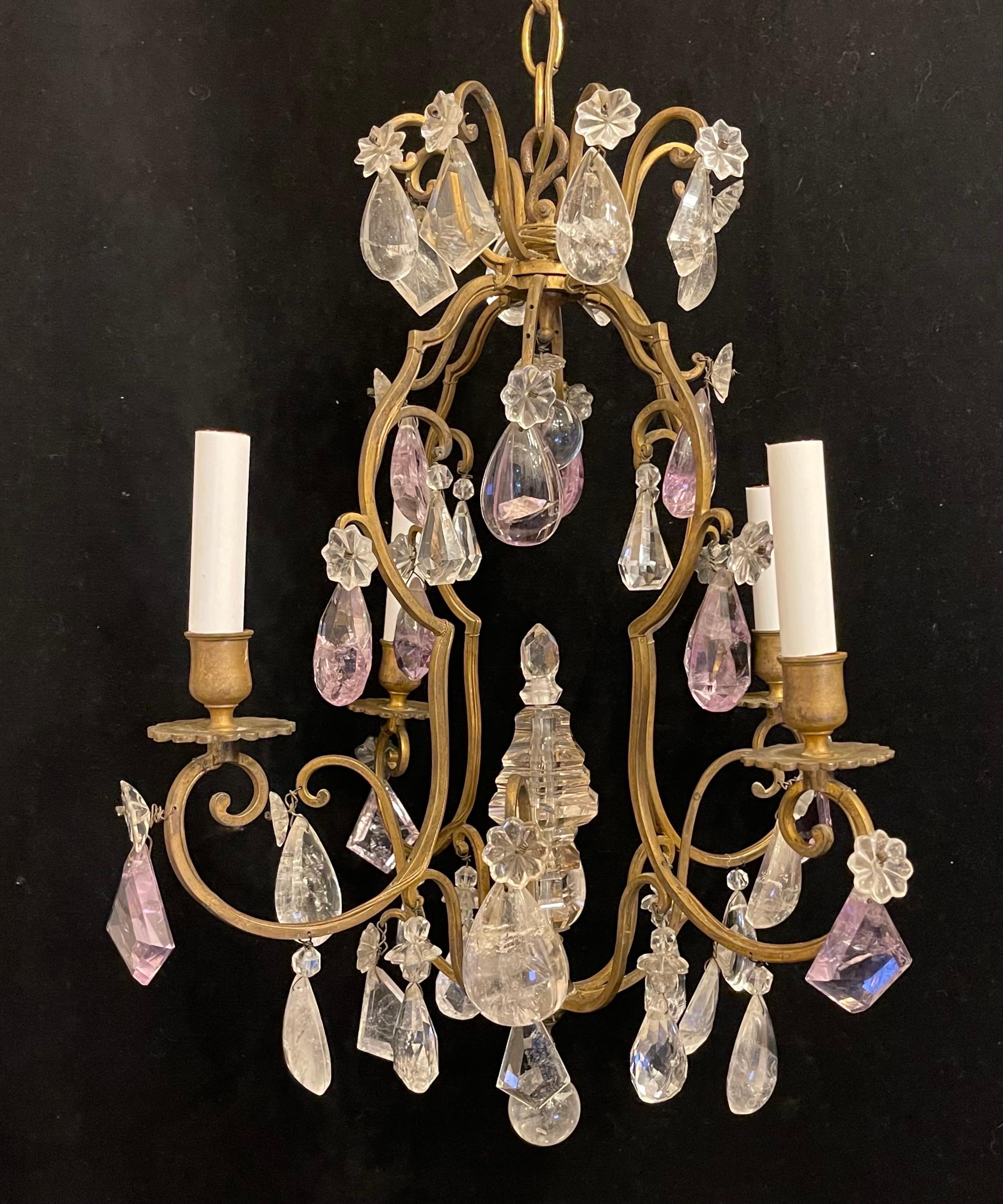 A Fabulous Petite Four Candelabra Light Amethyst Rock Crystal Bronze Bird Cage Form French Chandelier In The Manner Of Maison Baguès.