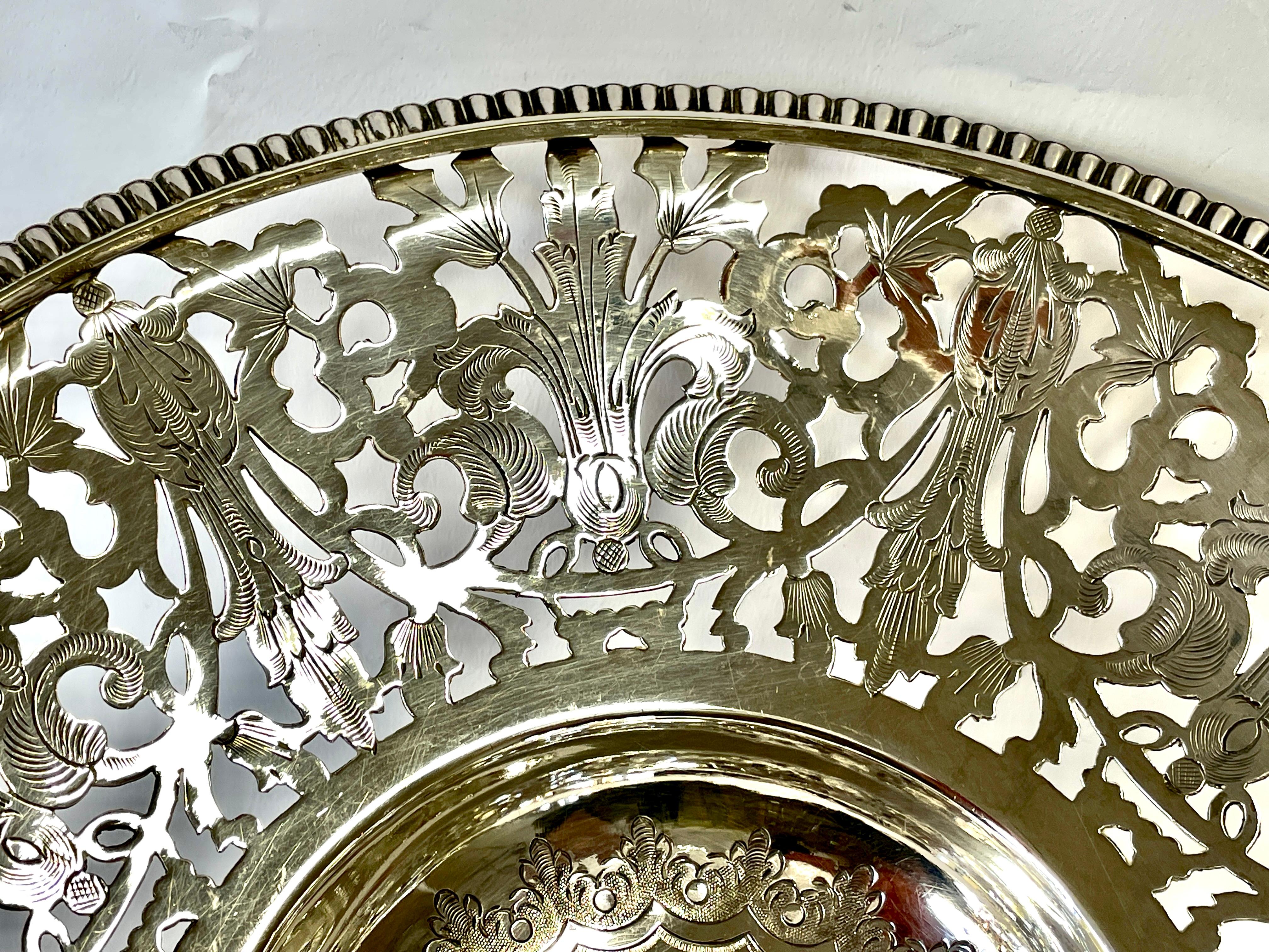 19th Century Fabulous Quality Hand Engraved and Hand Pierced Round Cake or Fruit Basket For Sale