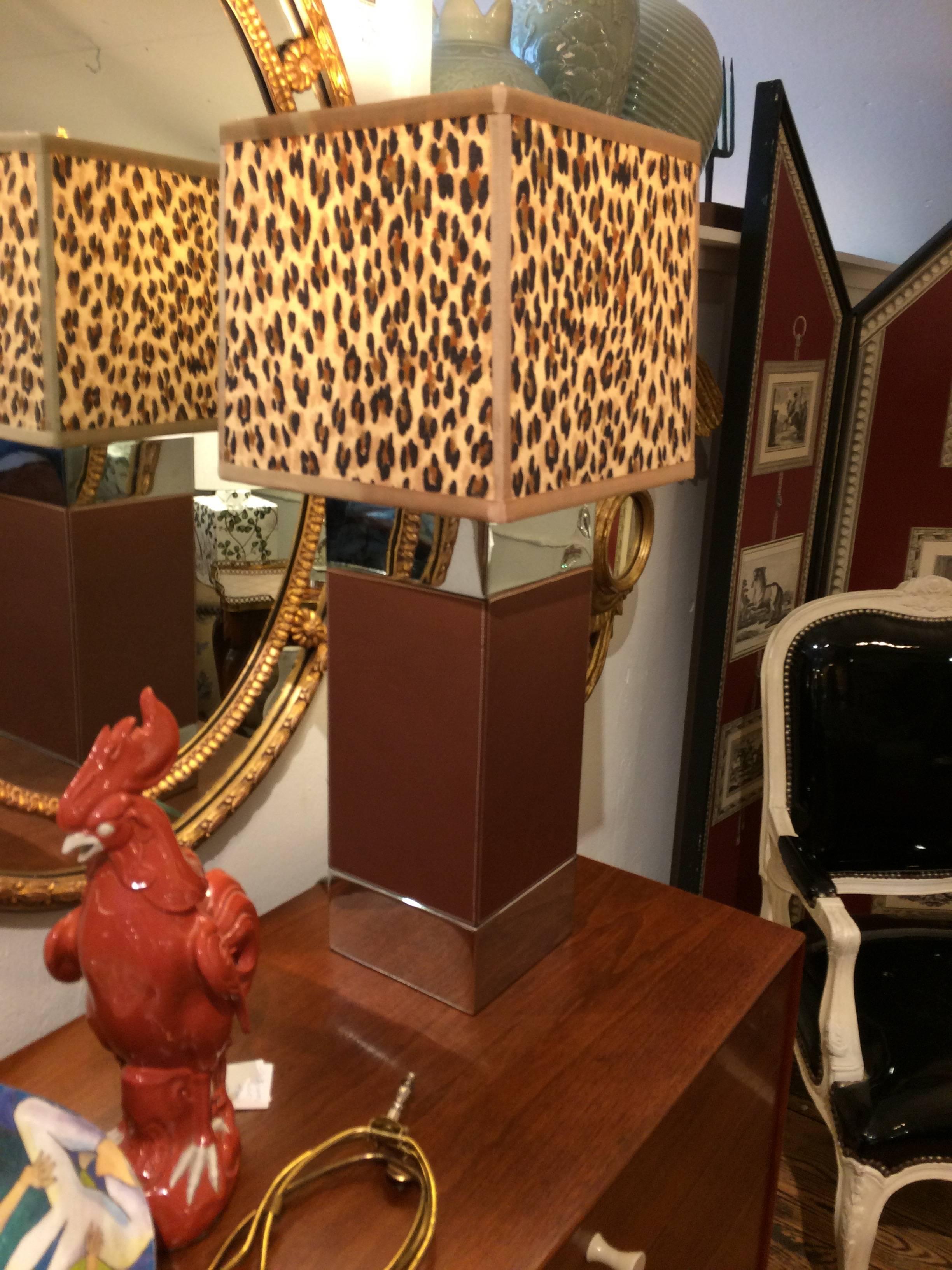 Fabulous Ralph Lauren Leather and Chrome Lamps with Custom Animal Fabric Shades 2