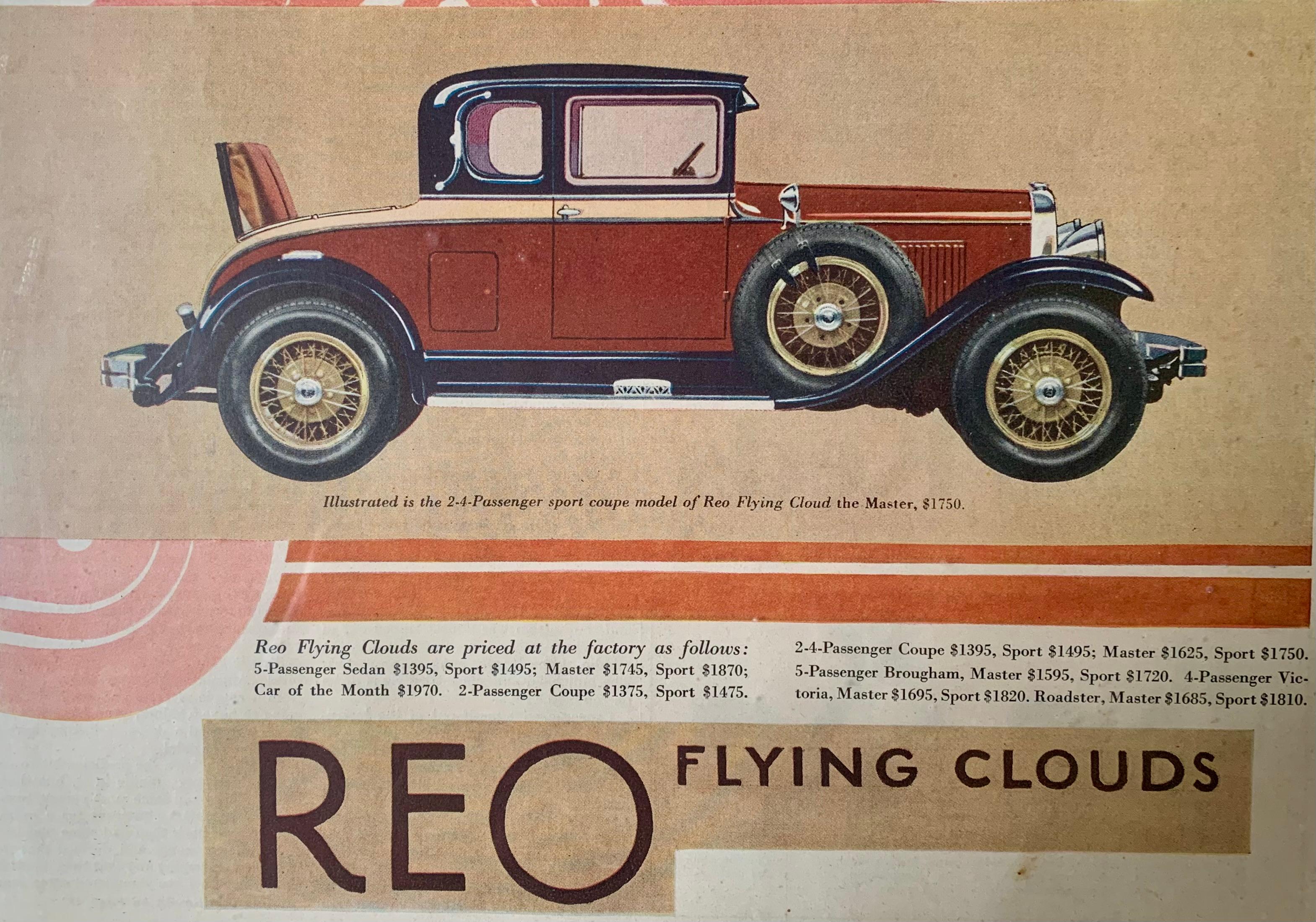 Fabulous classic Art Deco period REO Flying Cloud advertising prints for Saturday Evening Post
Early 20th Century
Featuring rare 2-4 Passenger Sports Coupe model of the REO Flying Cloud the Master and the 5-Passenger Sport Sedan model of the REO