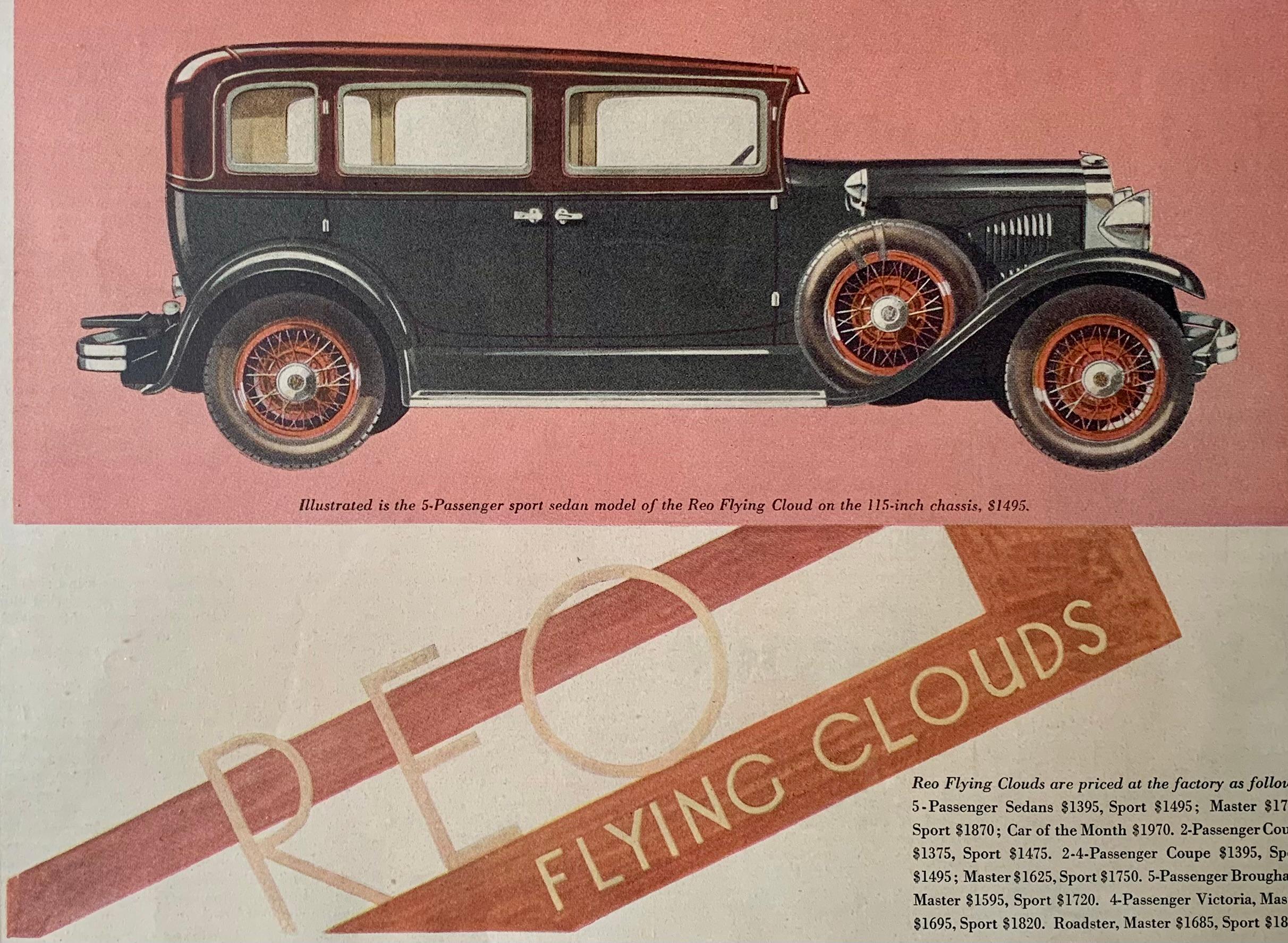 American Fabulous Rare Pair of Art Deco REO Flying Clouds Classic Car Advertising Prints For Sale