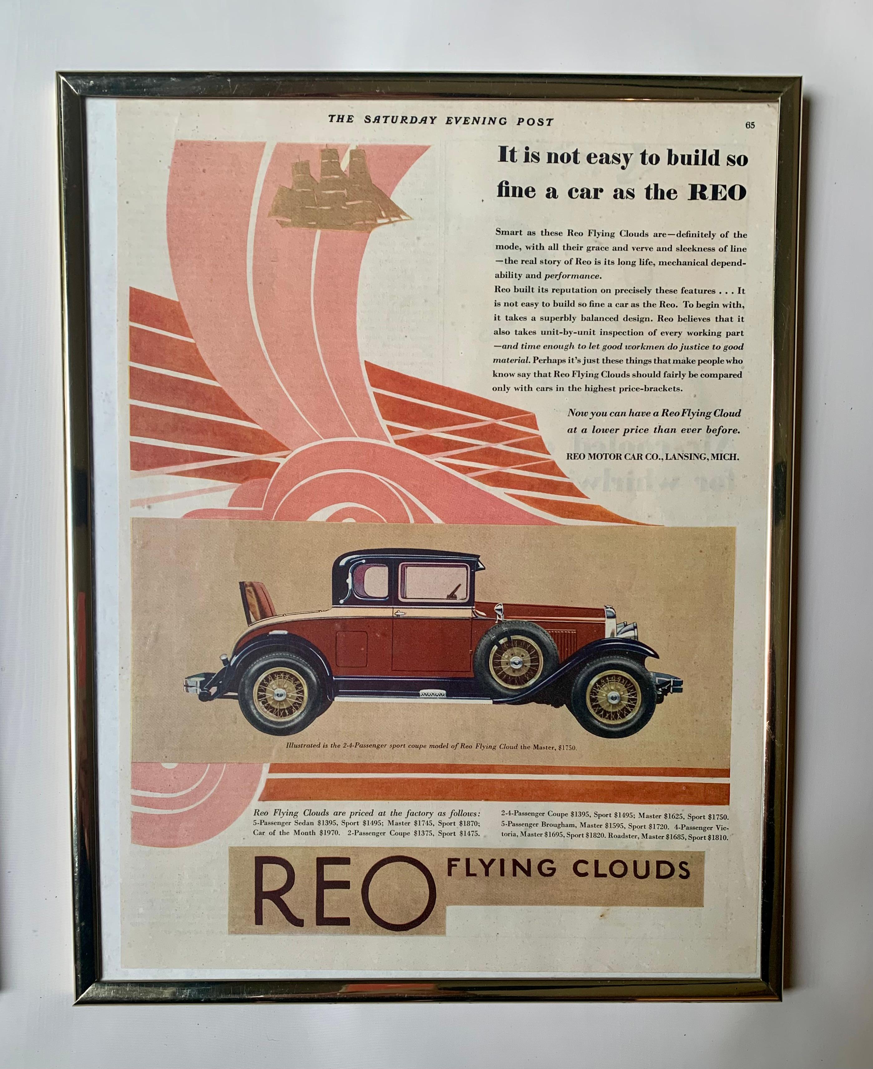 Fabulous Rare Pair of Art Deco REO Flying Clouds Classic Car Advertising Prints For Sale 1