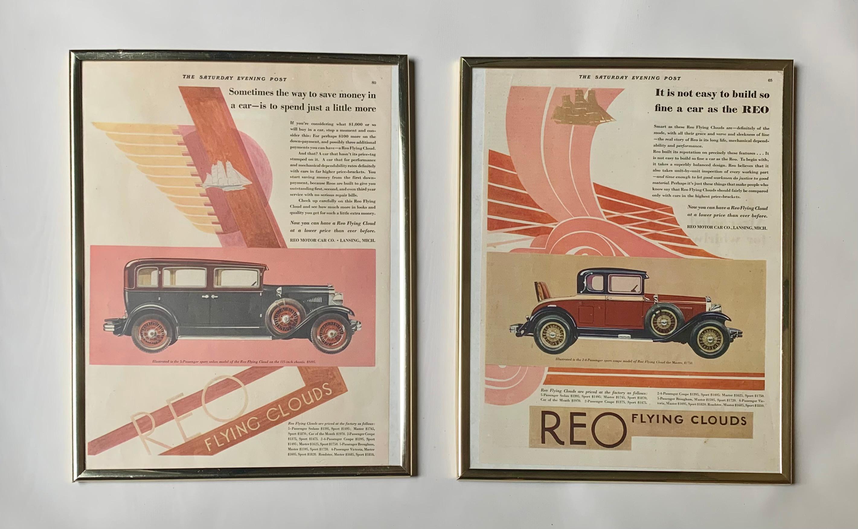 Fabulous Rare Pair of Art Deco REO Flying Clouds Classic Car Advertising Prints For Sale 2