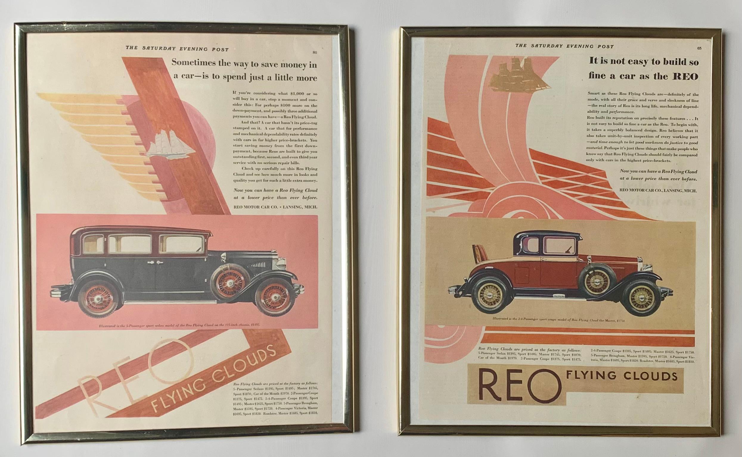 Fabulous Rare Pair of Art Deco REO Flying Clouds Classic Car Advertising Prints For Sale 3