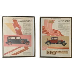 Favolosa e rara coppia di stampe pubblicitarie per auto d'epoca Art Deco REO Flying Clouds