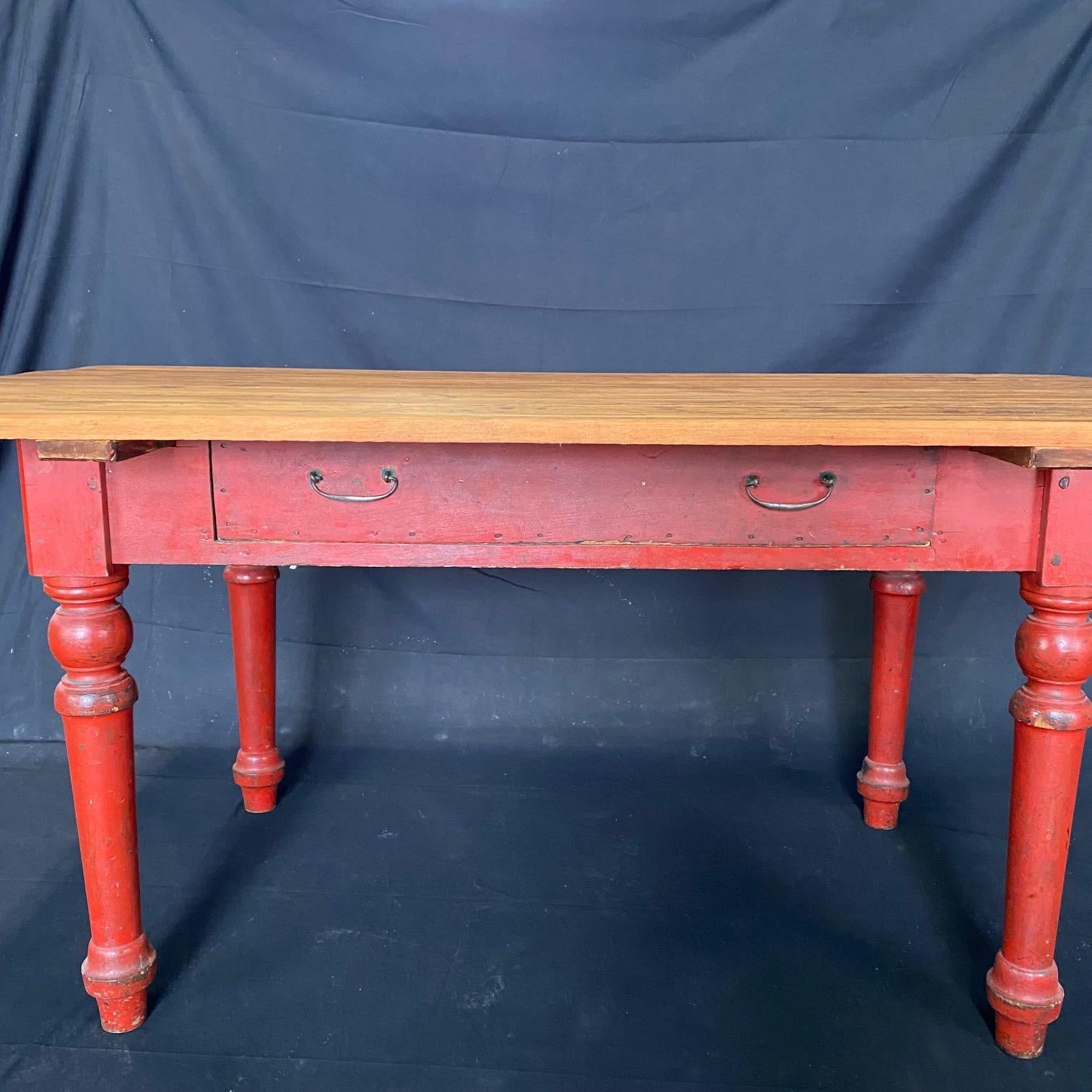 Fabulous Red Painted 19th Century Rustic Pine Farmhouse Dining Table or Desk For Sale 7