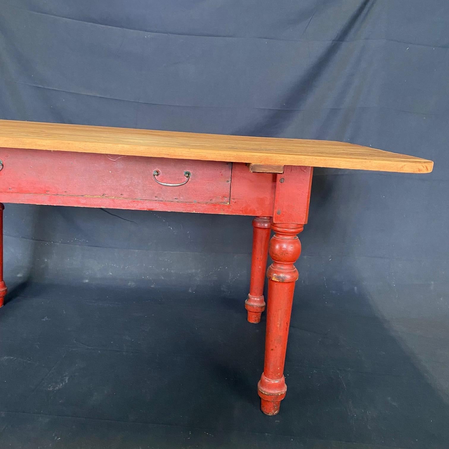 Fabulous Red Painted 19th Century Rustic Pine Farmhouse Dining Table or Desk For Sale 8