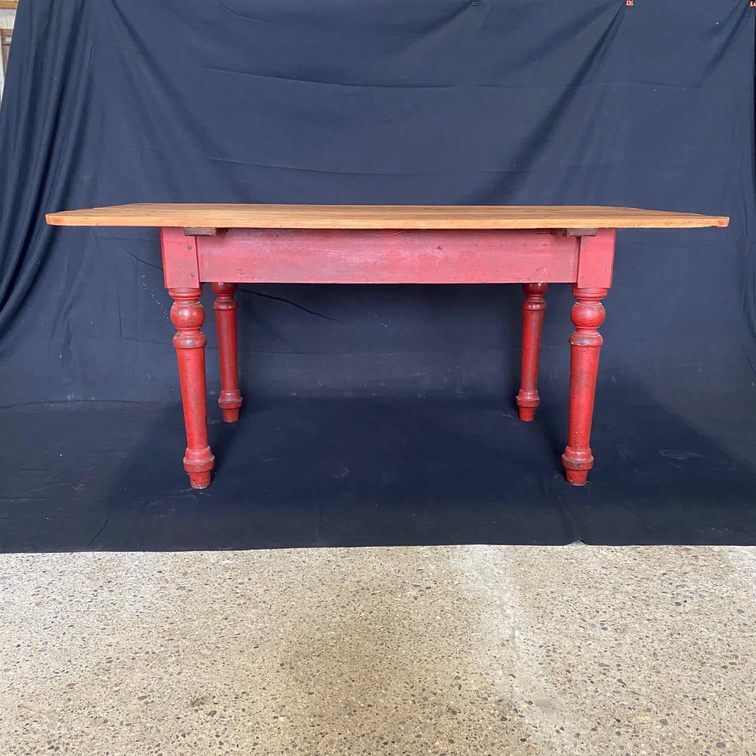 Fabulous Red Painted 19th Century Rustic Pine Farmhouse Dining Table or Desk For Sale 1