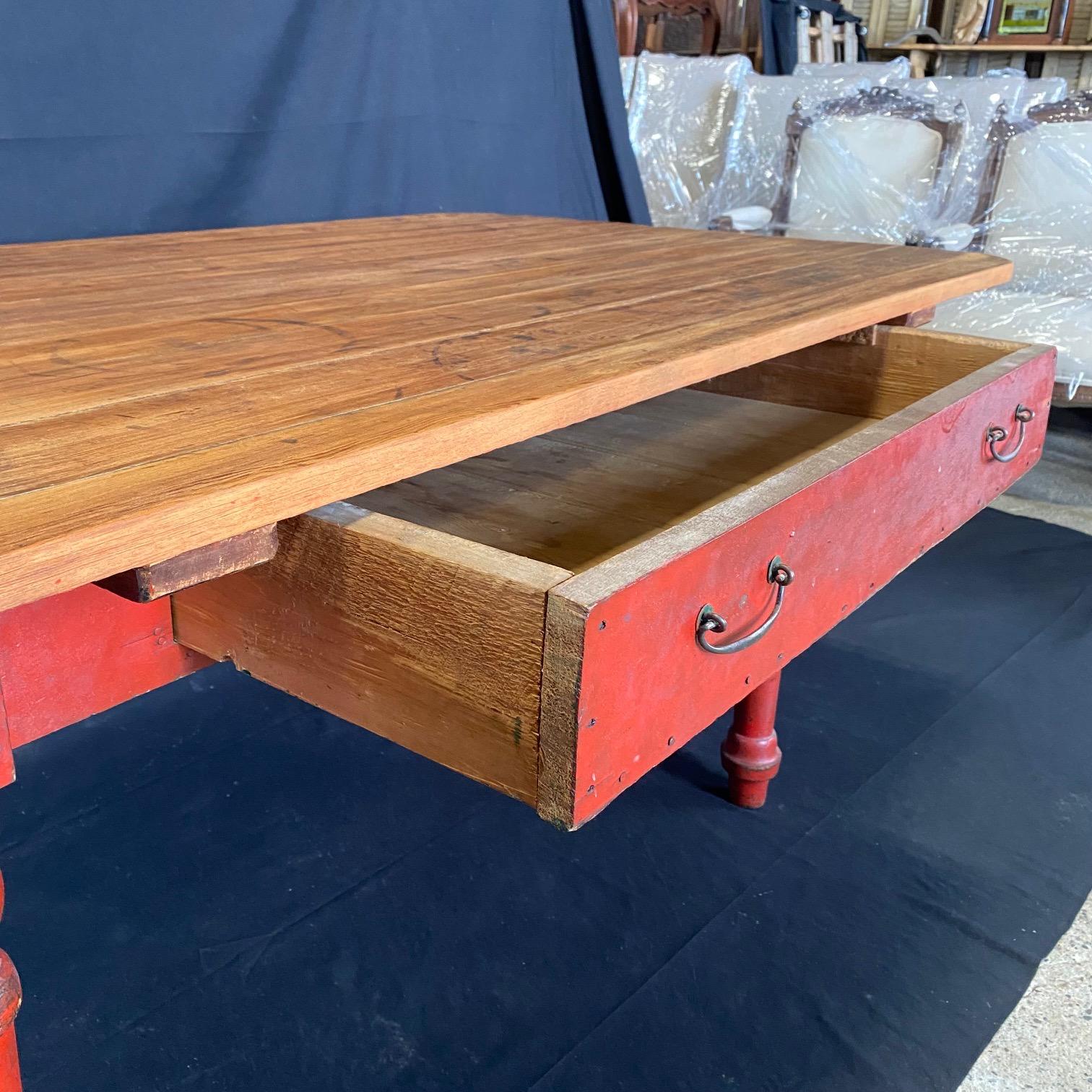 Fabulous Red Painted 19th Century Rustic Pine Farmhouse Dining Table or Desk For Sale 2