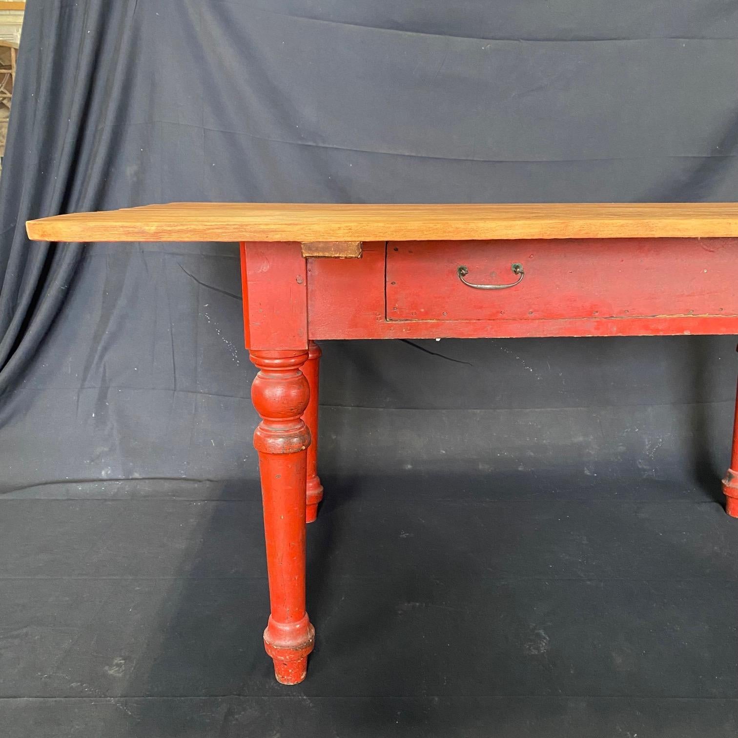 Fabulous Red Painted 19th Century Rustic Pine Farmhouse Dining Table or Desk For Sale 3
