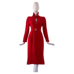 Fabulous RED vintage Mugler Dress Fitted Shape Dramatic Collar Buckle