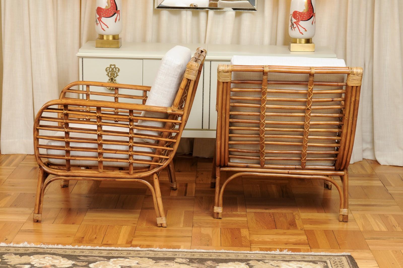 Fabulous Restored Pair of Birdcage Style Rattan and Cane Loungers, circa 1955 3