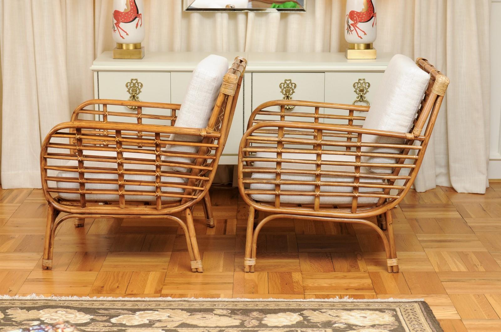 Fabulous Restored Pair of Birdcage Style Rattan and Cane Loungers, circa 1955 4