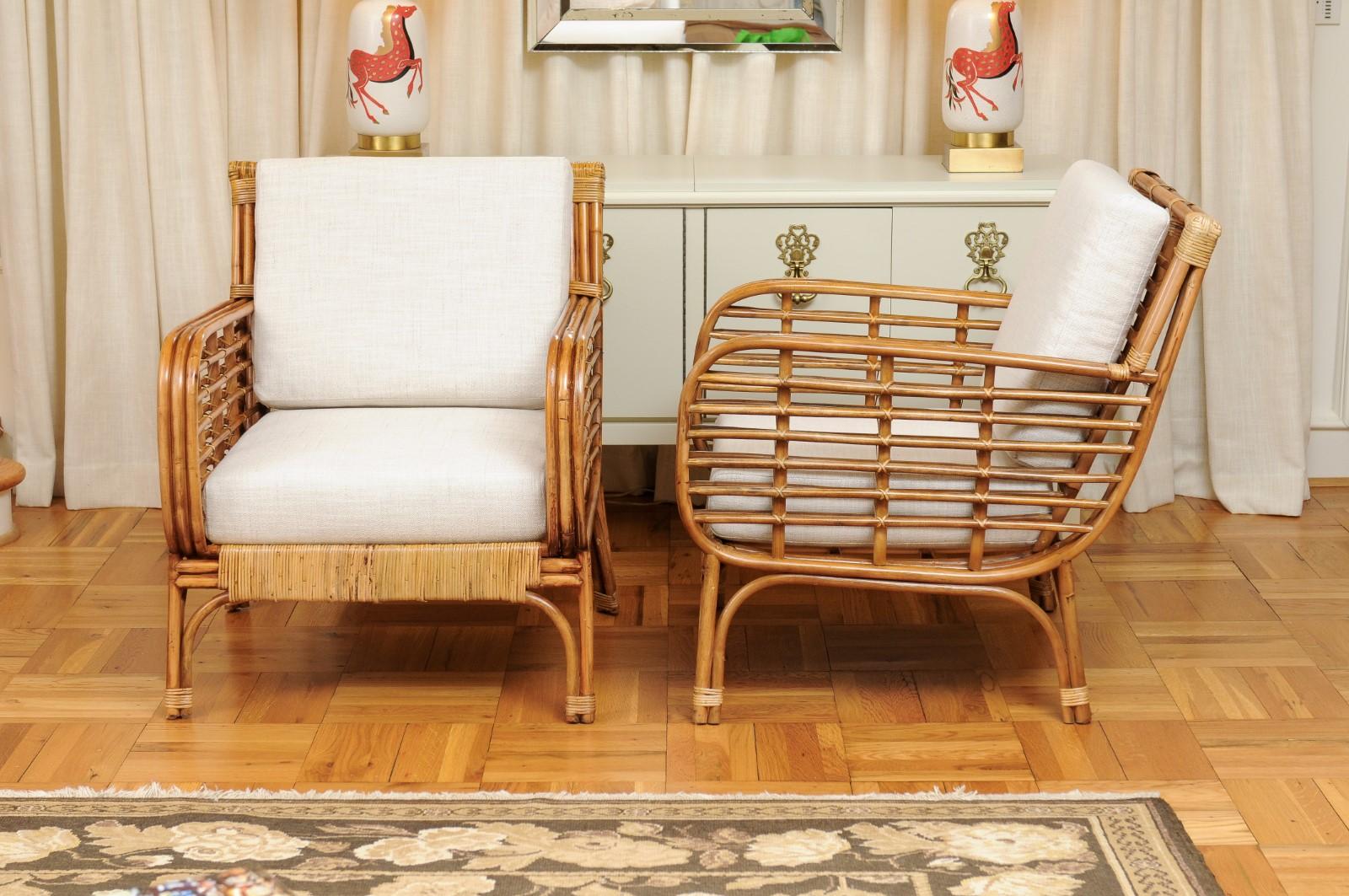 Fabulous Restored Pair of Birdcage Style Rattan and Cane Loungers, circa 1955 5