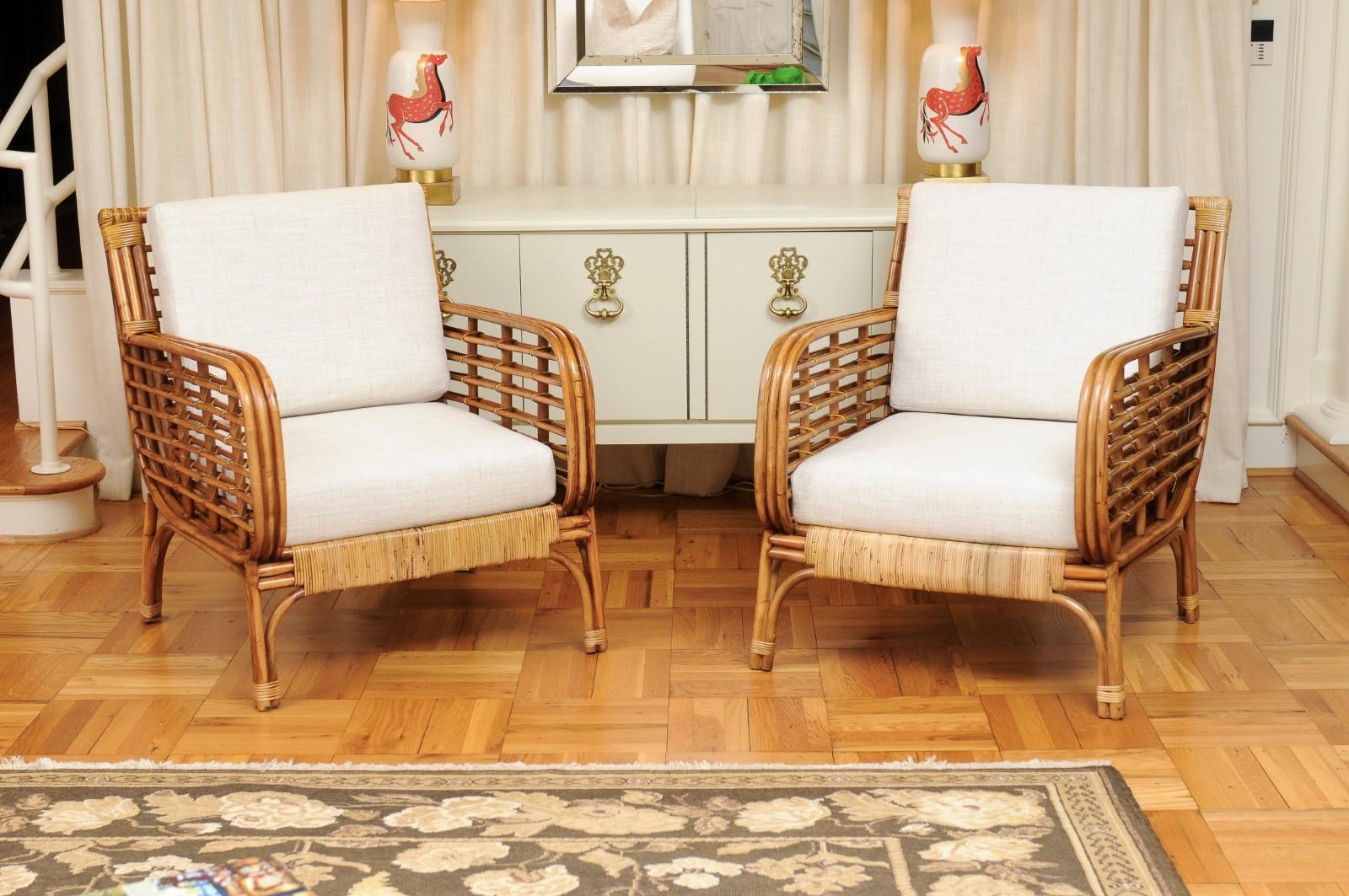 Fabulous Restored Pair of Birdcage Style Rattan and Cane Loungers, circa 1955 11