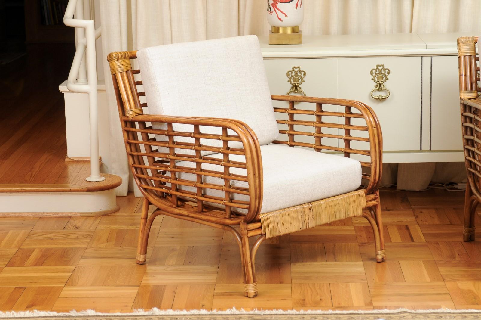 Organic Modern Fabulous Restored Pair of Birdcage Style Rattan and Cane Loungers, circa 1955