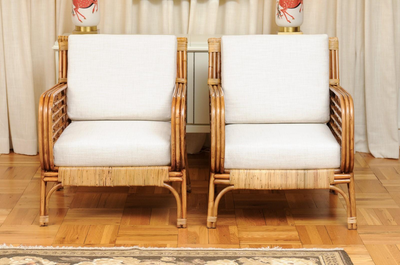 Fabulous Restored Pair of Birdcage Style Rattan and Cane Loungers, circa 1955 In Excellent Condition In Atlanta, GA