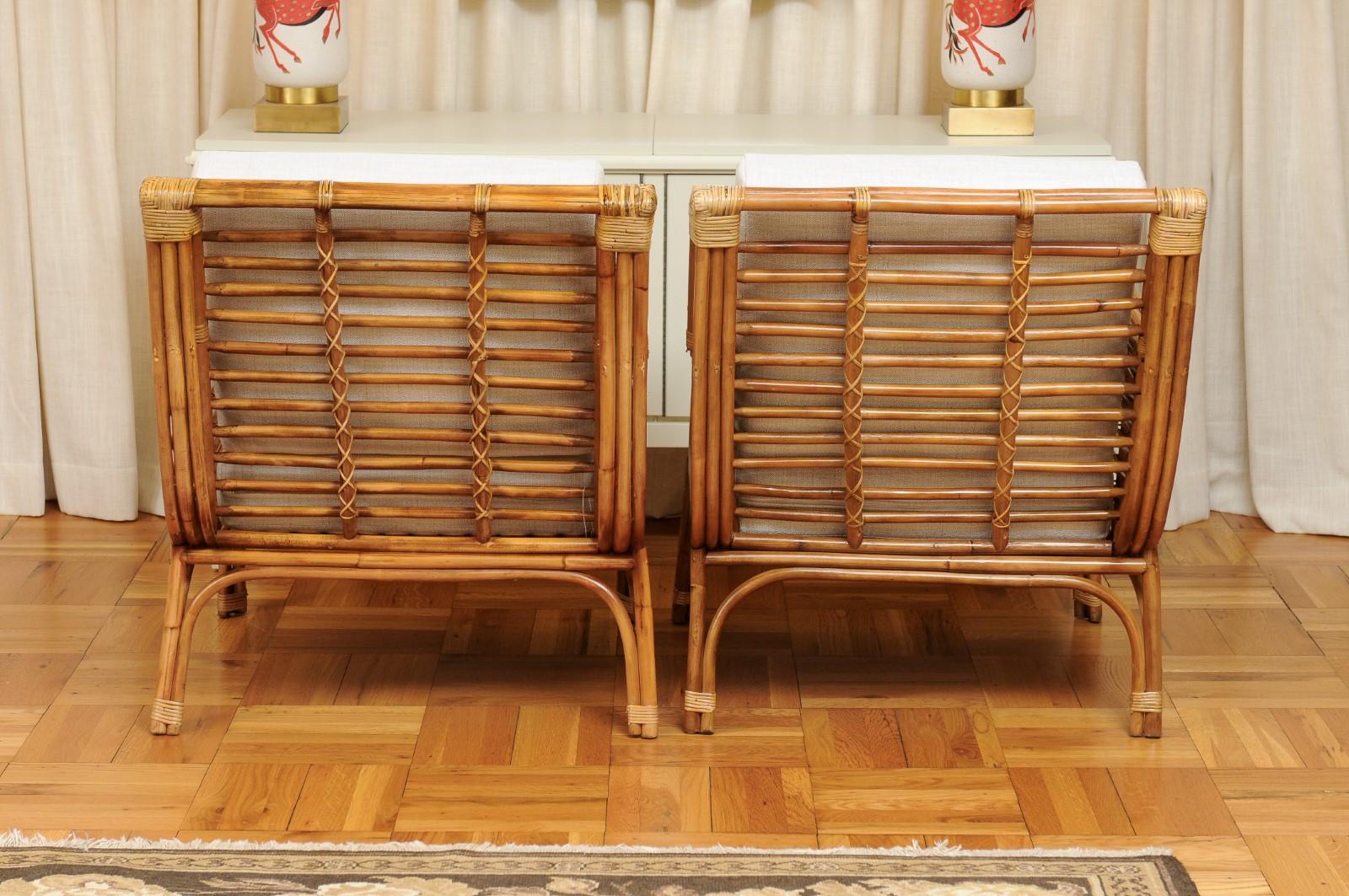 Fabulous Restored Pair of Birdcage Style Rattan and Cane Loungers, circa 1955 2