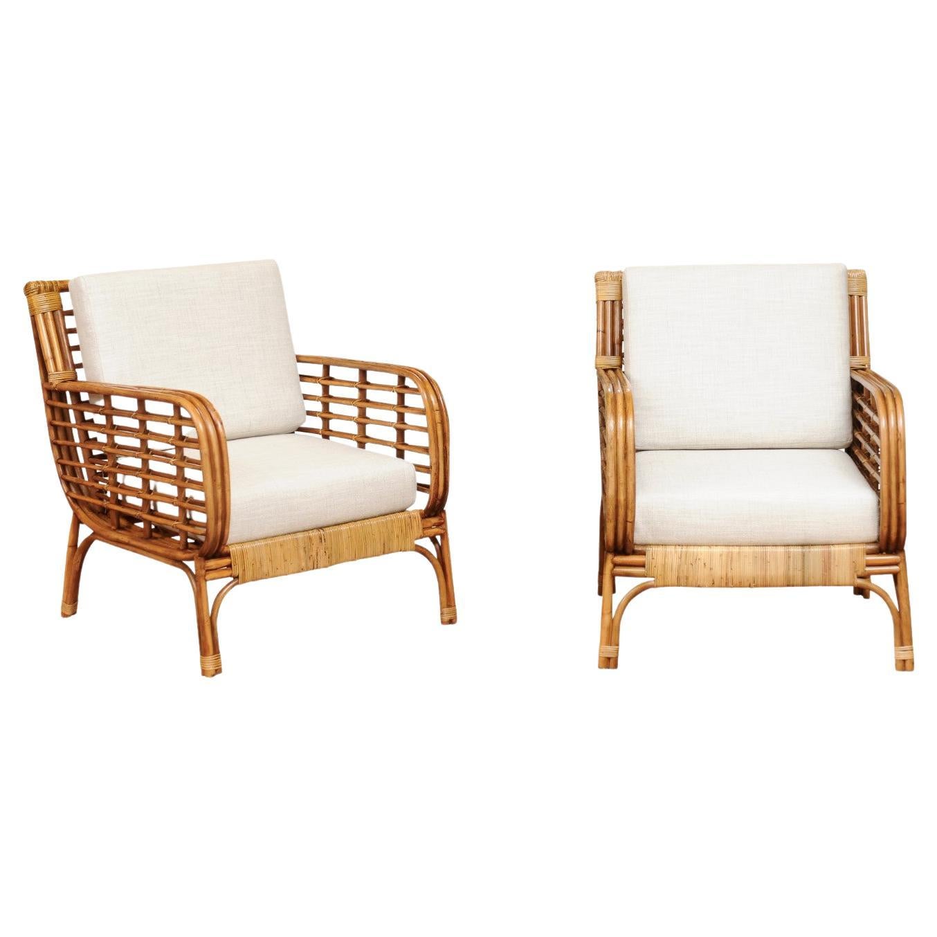 Fabulous Restored Pair of Birdcage Style Rattan and Cane Loungers, circa 1955