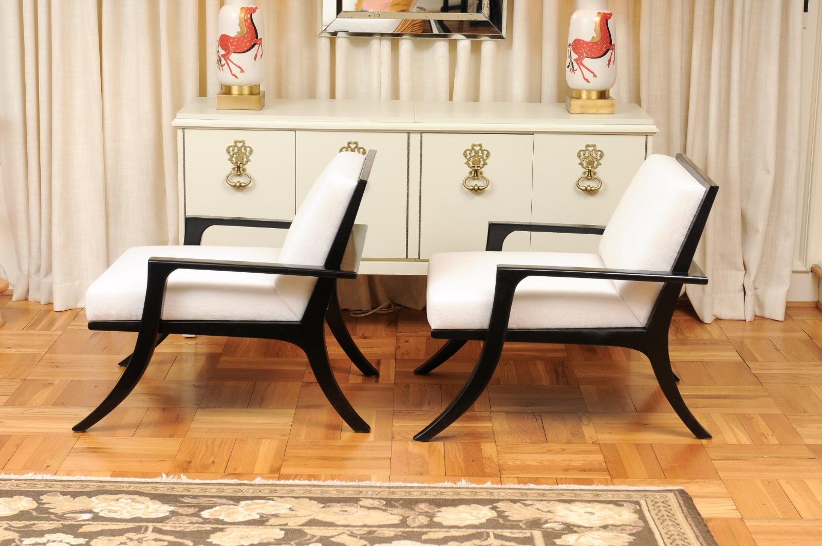 Fabulous Restored Pair of Cane Back Klismos Loungers in Black Lacquer For Sale 7