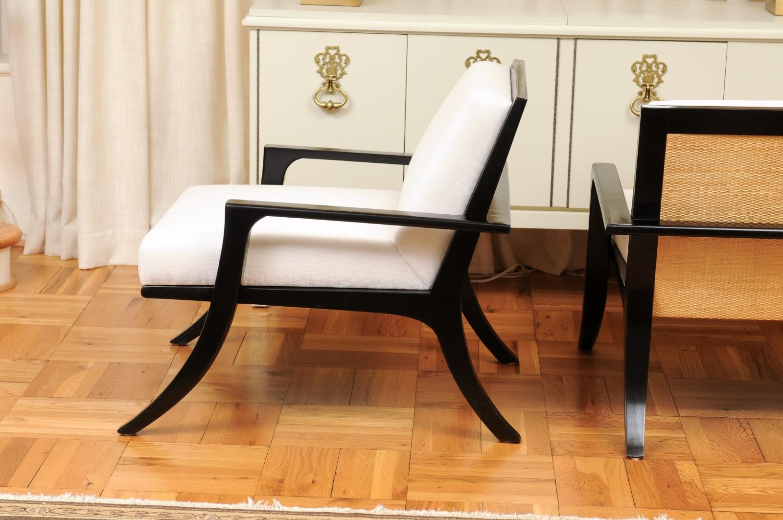 Fabulous Restored Pair of Cane Back Klismos Loungers in Black Lacquer For Sale 11