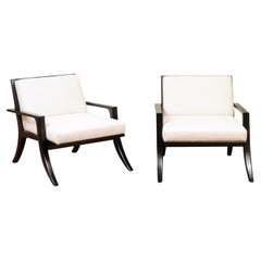 Fabulous Restored Pair of Cane Back Klismos Loungers in Black Lacquer