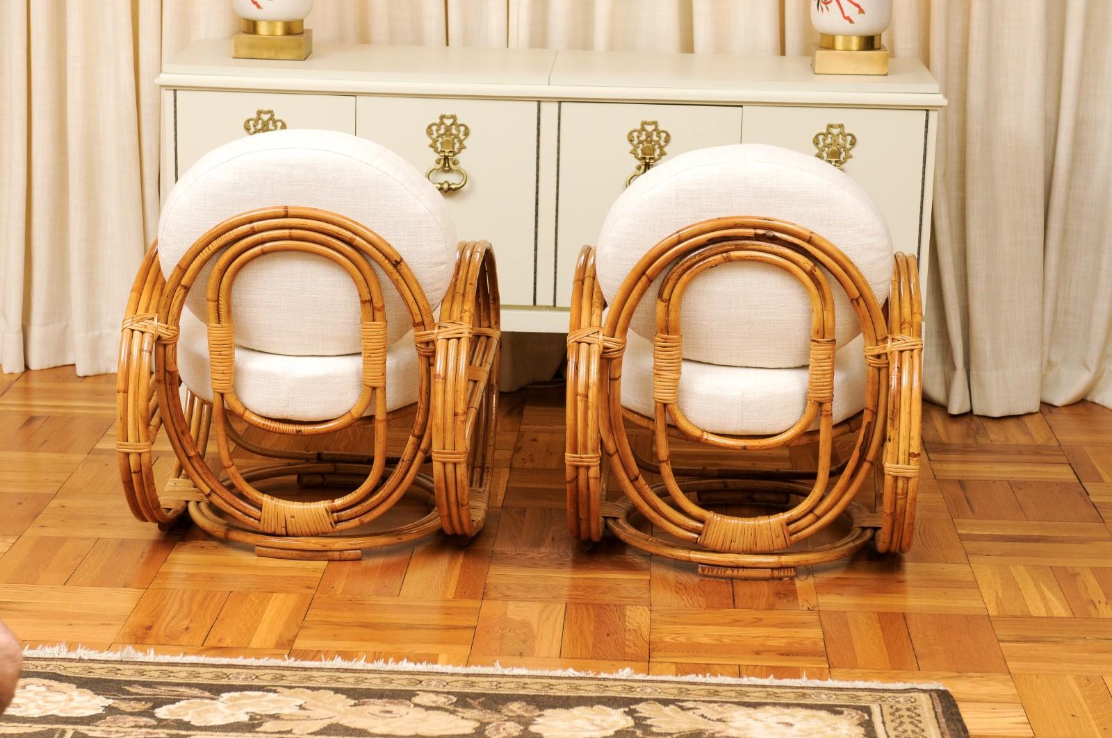 Fabuleuse paire de chaises longues Circles en rotin et rotin de canne restaures, France, vers 1950 en vente 3