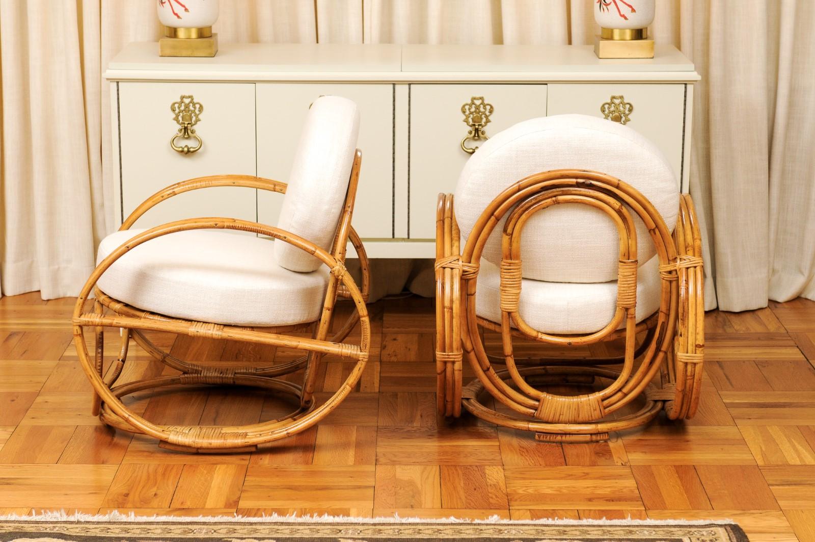 Fabuleuse paire de chaises longues Circles en rotin et rotin de canne restaures, France, vers 1950 en vente 4