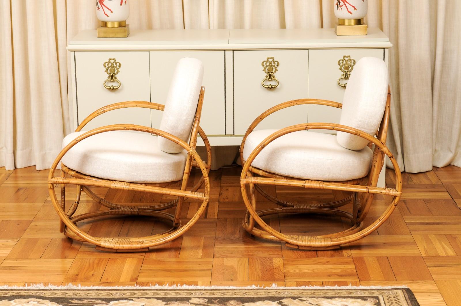 Fabuleuse paire de chaises longues Circles en rotin et rotin de canne restaures, France, vers 1950 en vente 5