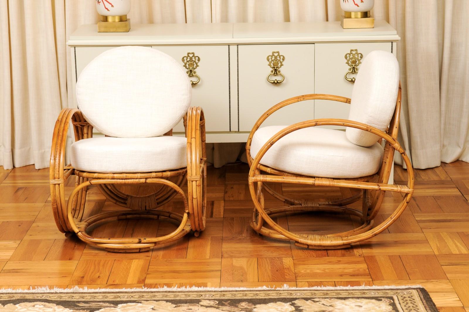 Fabuleuse paire de chaises longues Circles en rotin et rotin de canne restaures, France, vers 1950 en vente 6