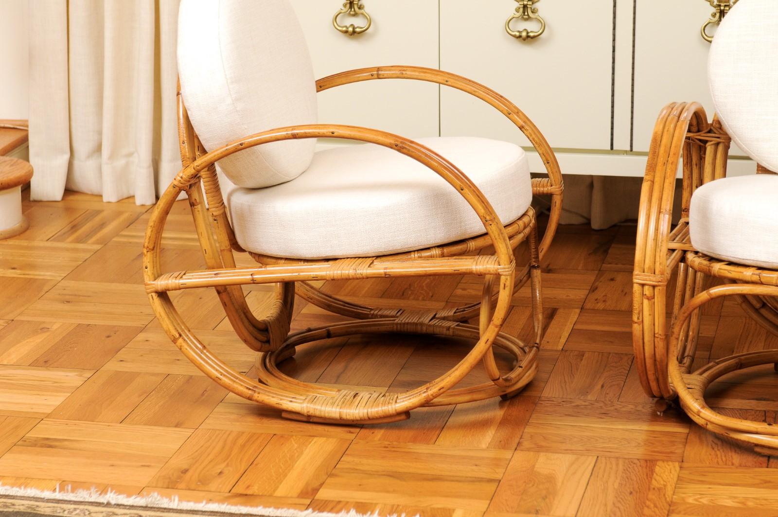 Fabuleuse paire de chaises longues Circles en rotin et rotin de canne restaures, France, vers 1950 en vente 7