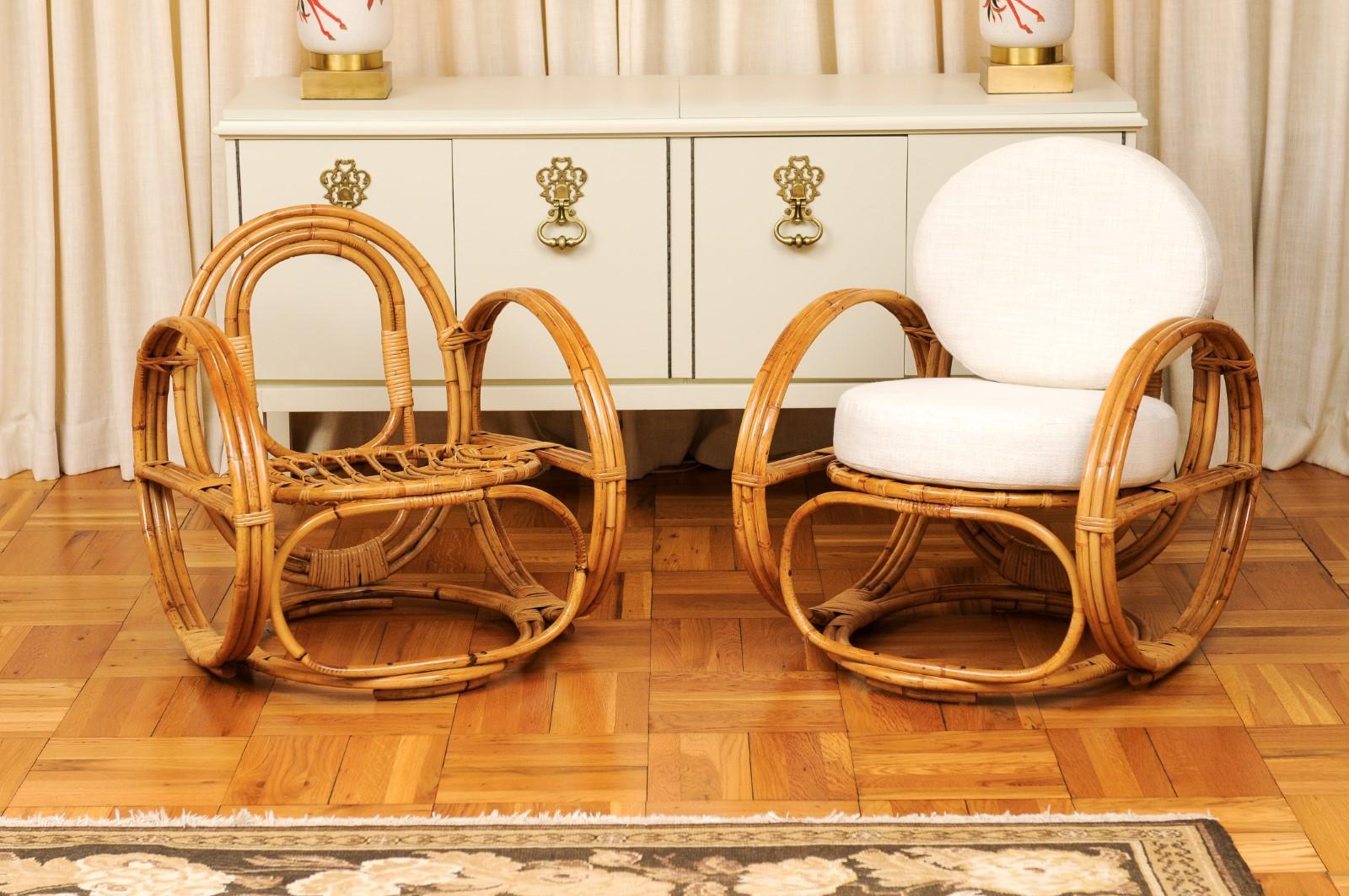 Fabuleuse paire de chaises longues Circles en rotin et rotin de canne restaures, France, vers 1950 en vente 9