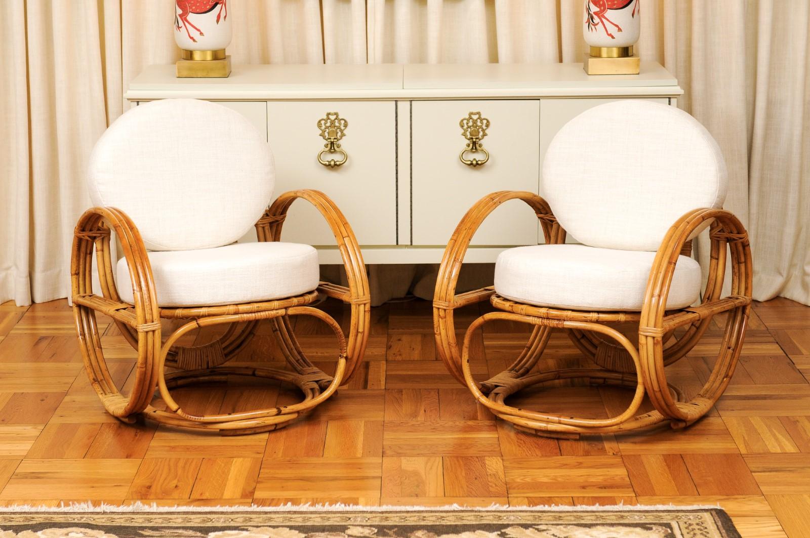 Fabuleuse paire de chaises longues Circles en rotin et rotin de canne restaures, France, vers 1950 en vente 11