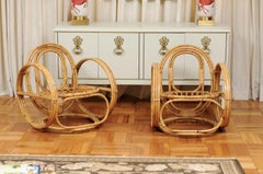 Fabulous Restored Pair of "Circles" Rattan and Cane Loungers, France, circa 1950