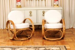 Fabulous Restored Pair of "Circles" Rattan and Cane Loungers, France, circa 1950