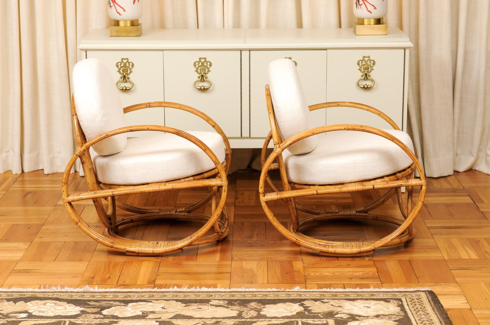 Fabuleuse paire de chaises longues Circles en rotin et rotin de canne restaures, France, vers 1950 en vente 1
