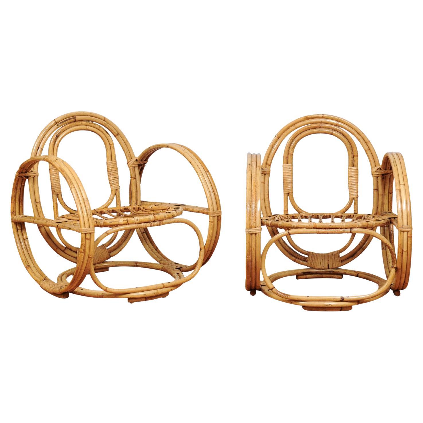 Fabulous Restored Pair of "Circles" Rattan and Cane Loungers, France, circa 1950