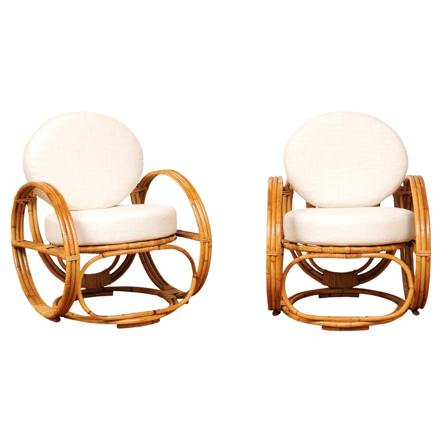 Fabulous Restored Pair of "Circles" Rattan and Cane Loungers, France, circa 1950 For Sale